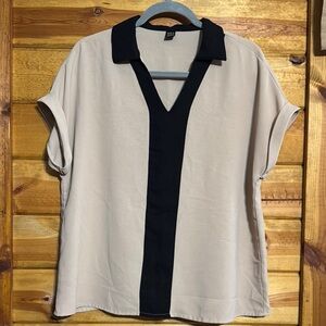 SHEIN Beige and Black 
V-Neck Blouse